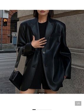 Commense Black Faux Leather Oversized Blazer